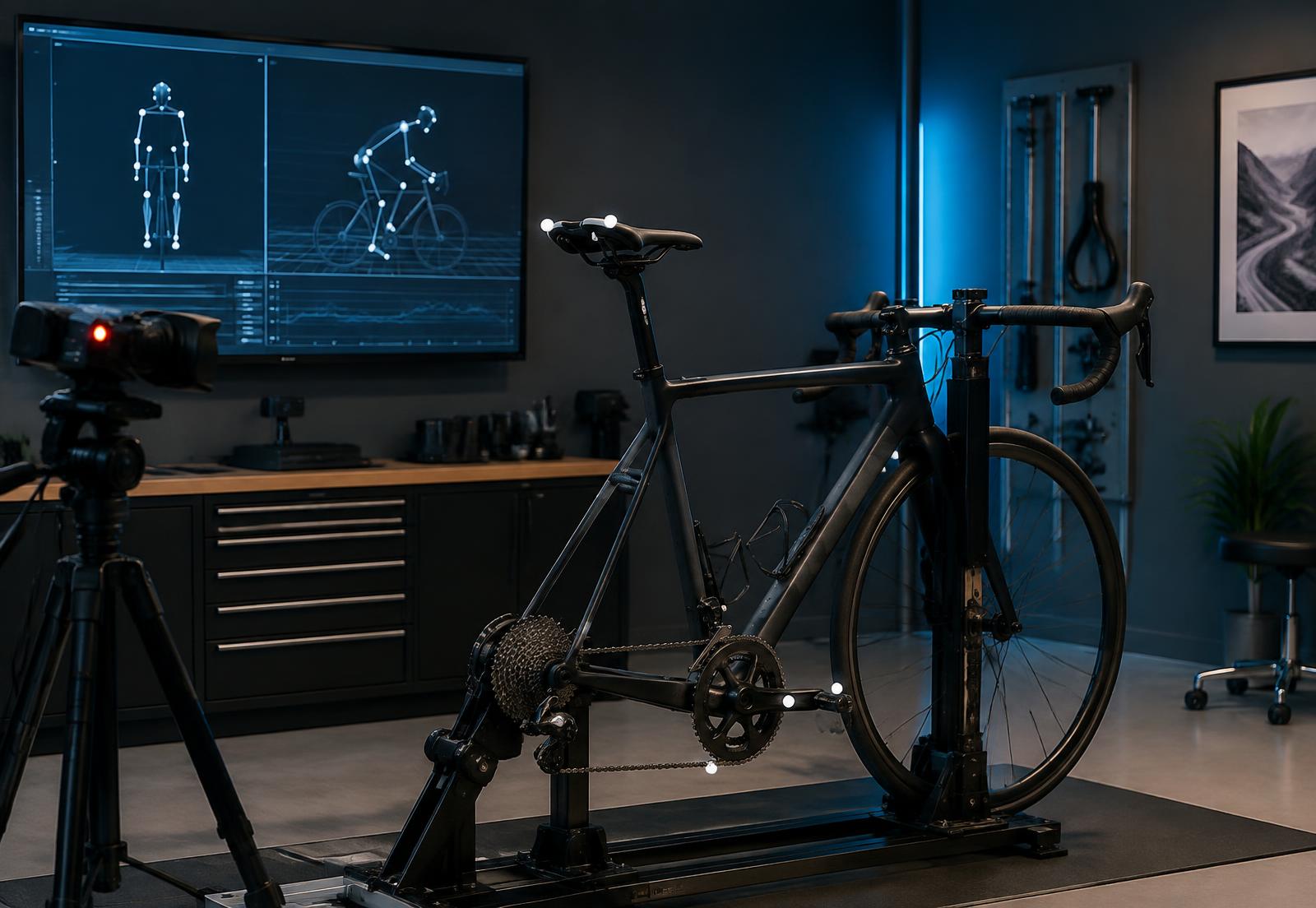 Bike fitting rig with motion capture markers in the Blue Goat Bikes studio